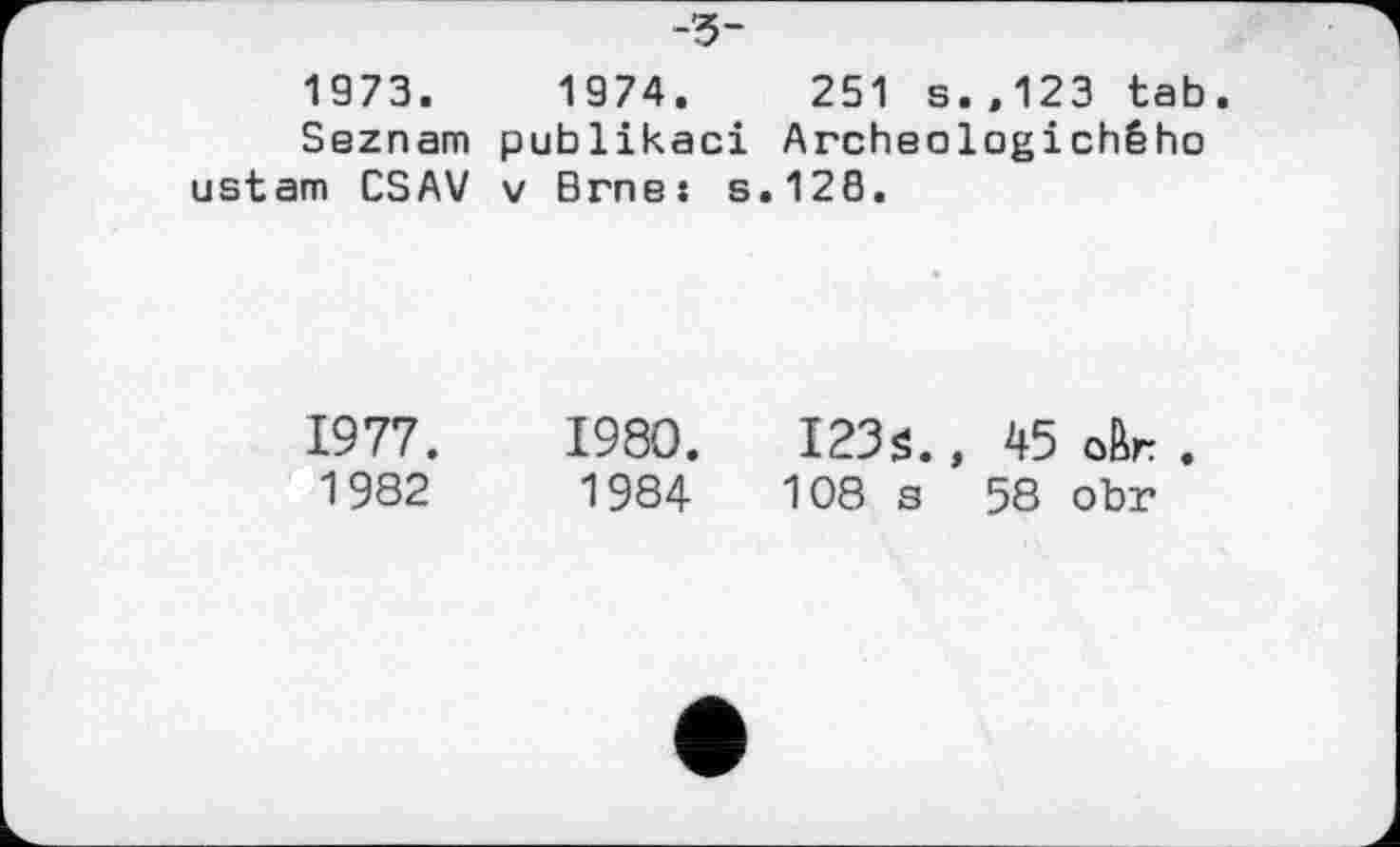 ﻿-з-
1973.	1974.	251 s.,123 tab.
Seznam publikaci Archeologichého ustam CSAV v Brnes s.128.
1977.	1980.	I23s., 45 o&r .
1982	1984	108 s 58 obr